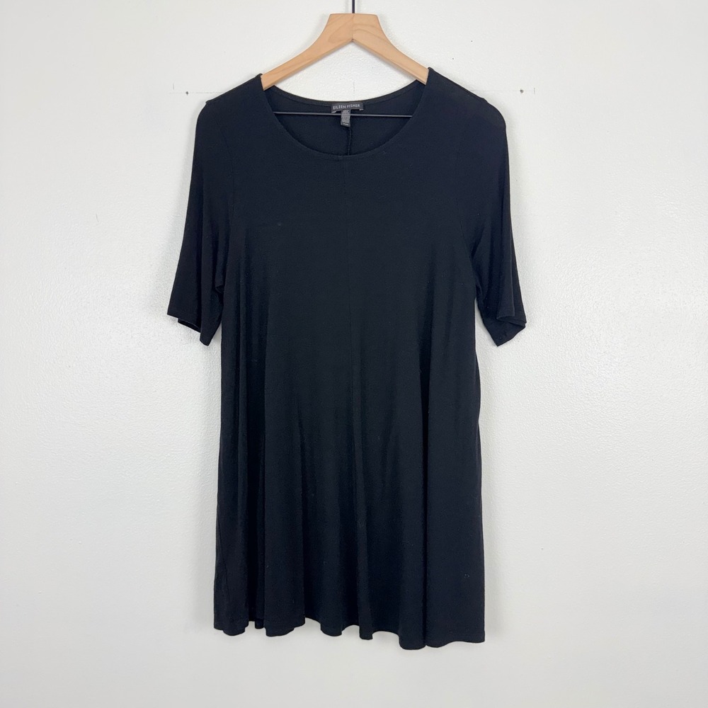 Eileen Fisher Tunic Top Womens M Black Viscose Jersey Short Sleeve Minimalist